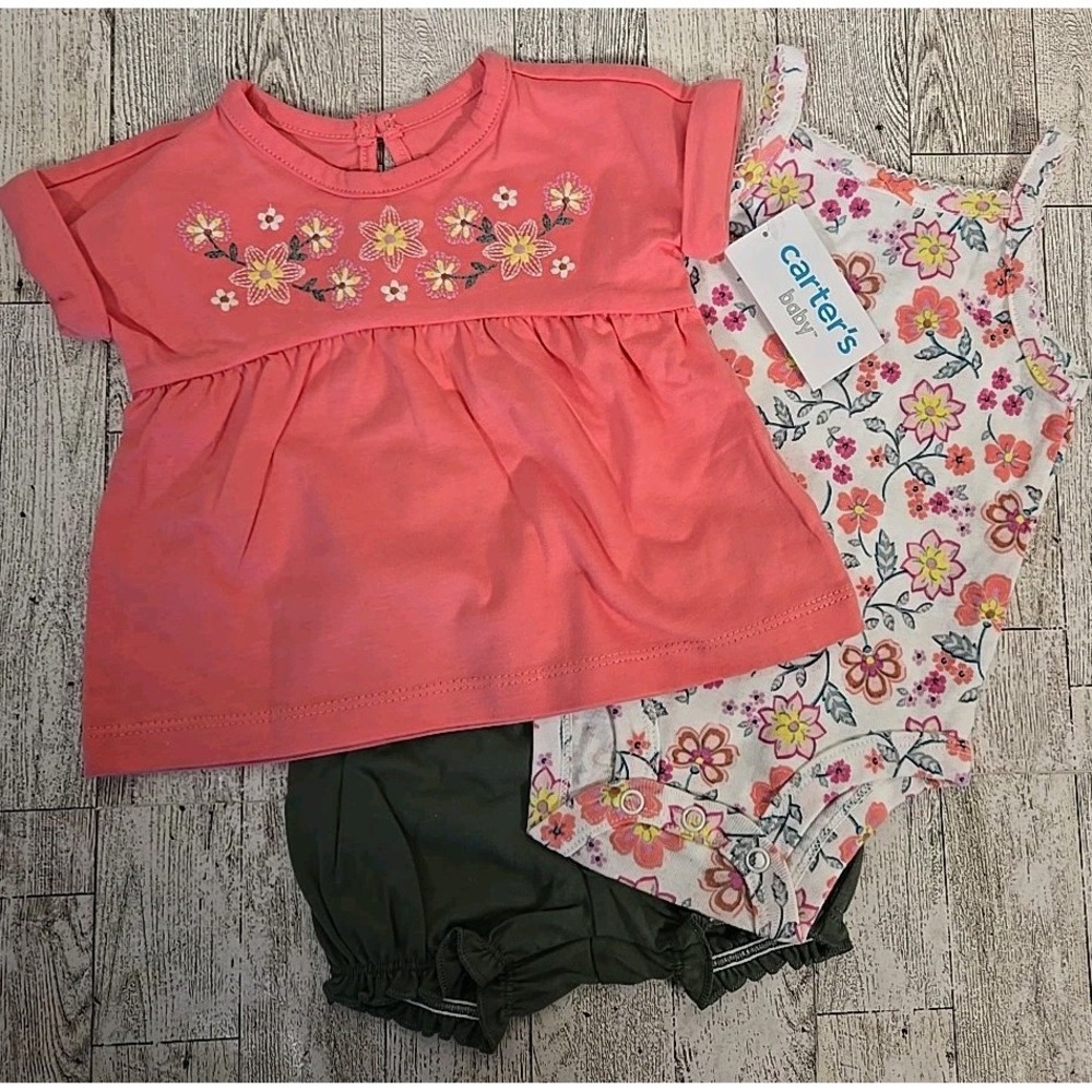Carter's Floral Short Set 0-3 Months 3pc Shirt Shorts Romper Girls NEW